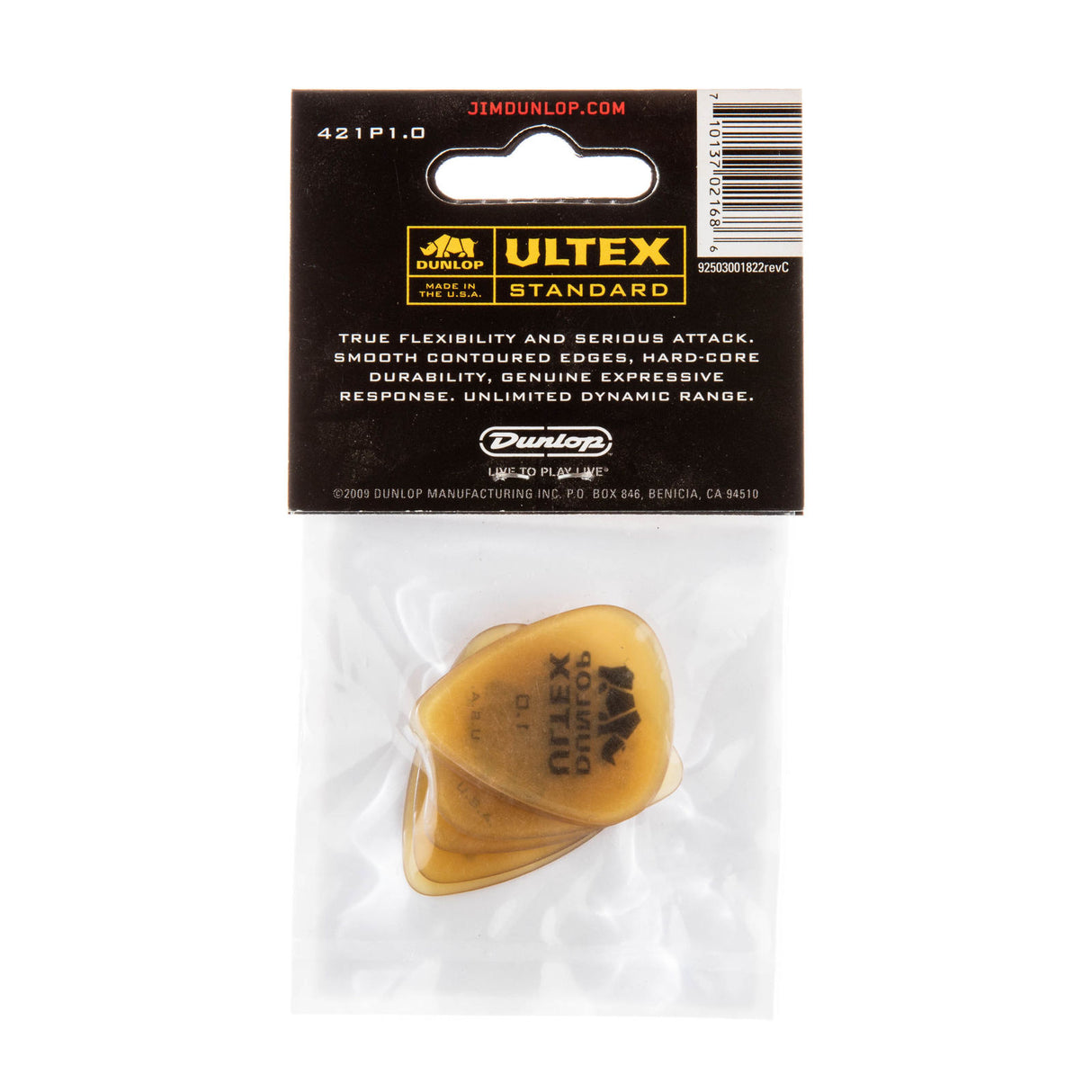 Packaged Dunlop Ultex guitar picks with packaging showing brand details.