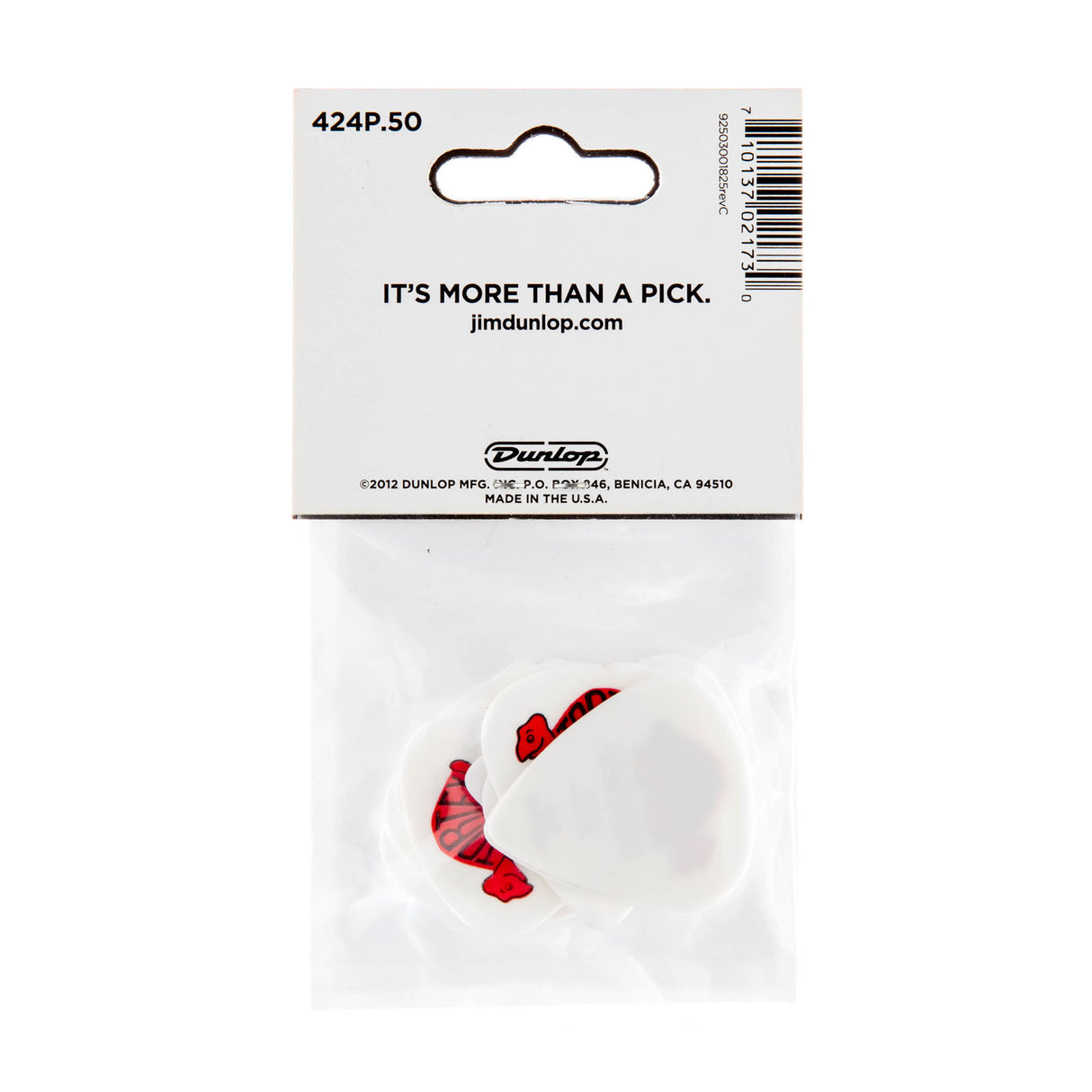 White guitar picks in packaging with Dunlop branding on a white background