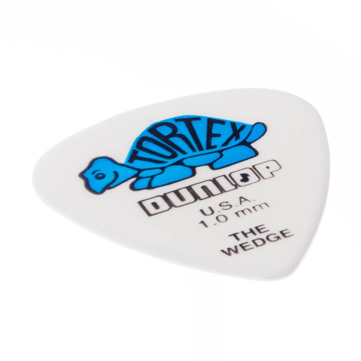 White guitar pick with blue logo and text on a white background