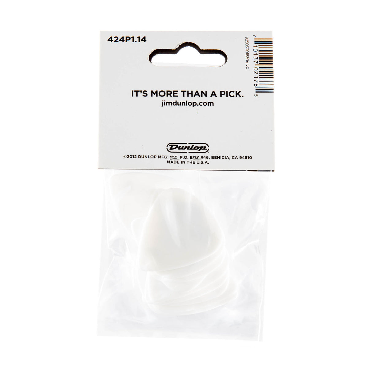 Packaged Dunlop guitar pick with branding and product details on a white background