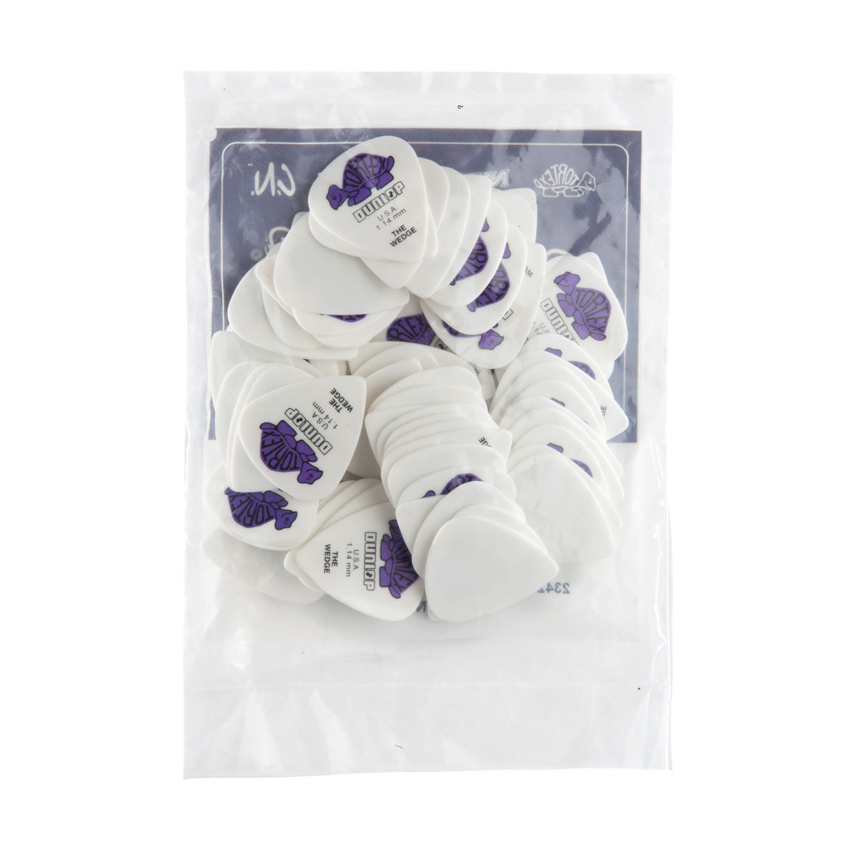 Packaged guitar picks with purple designs on a white background