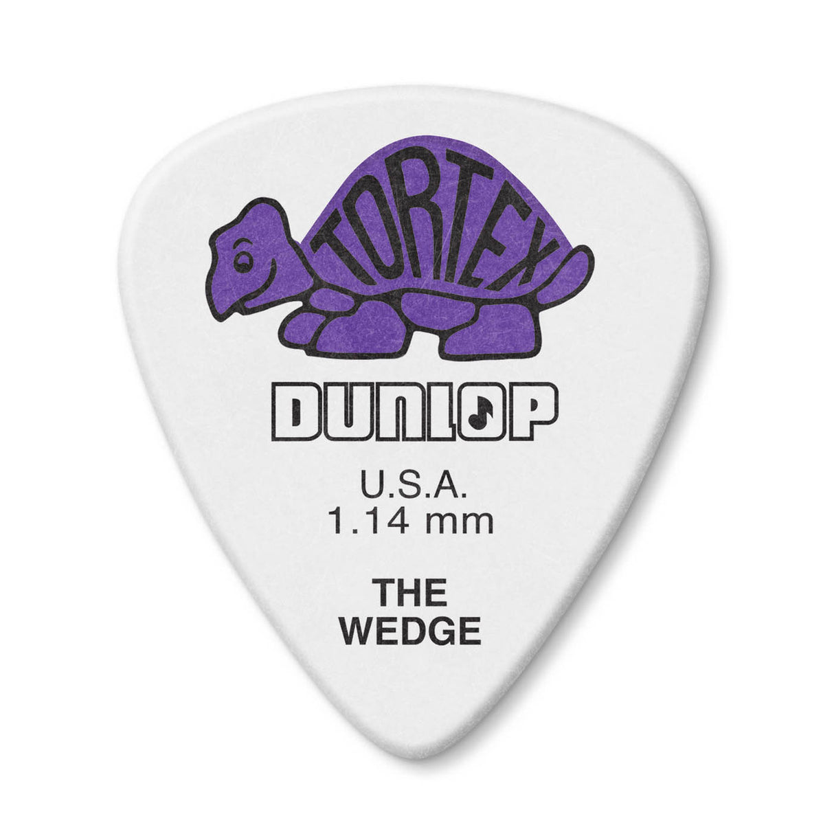 White guitar pick with purple tortoise logo and Dunlop branding on a white background