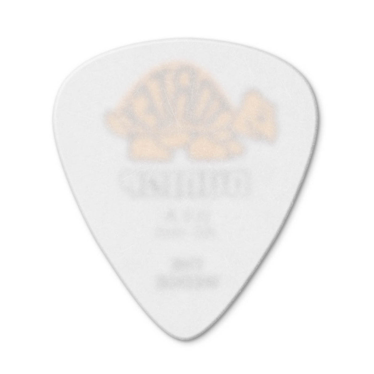 White guitar pick with a gold logo on a white background