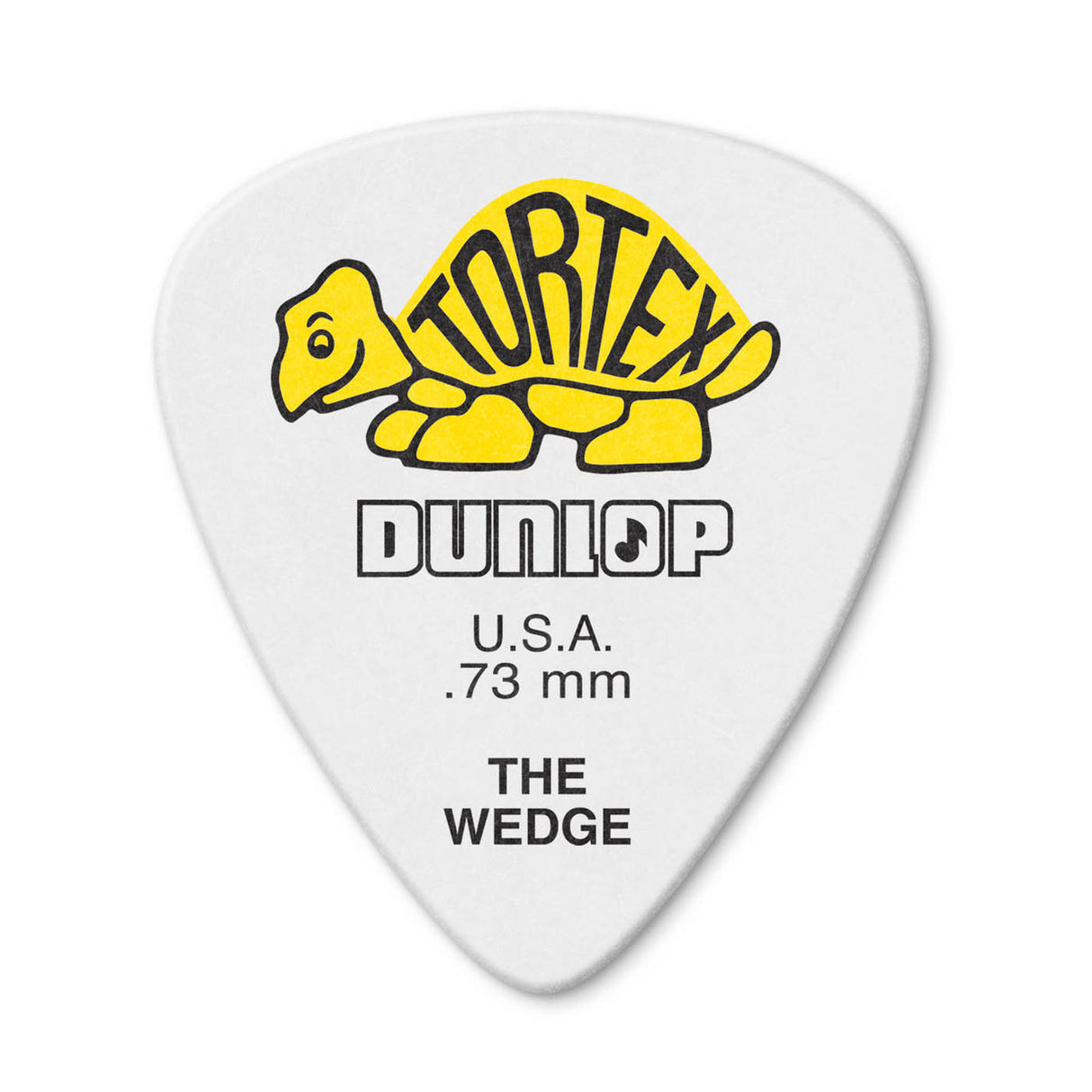 White guitar pick with yellow tortoise logo and Dunlop branding on a white background