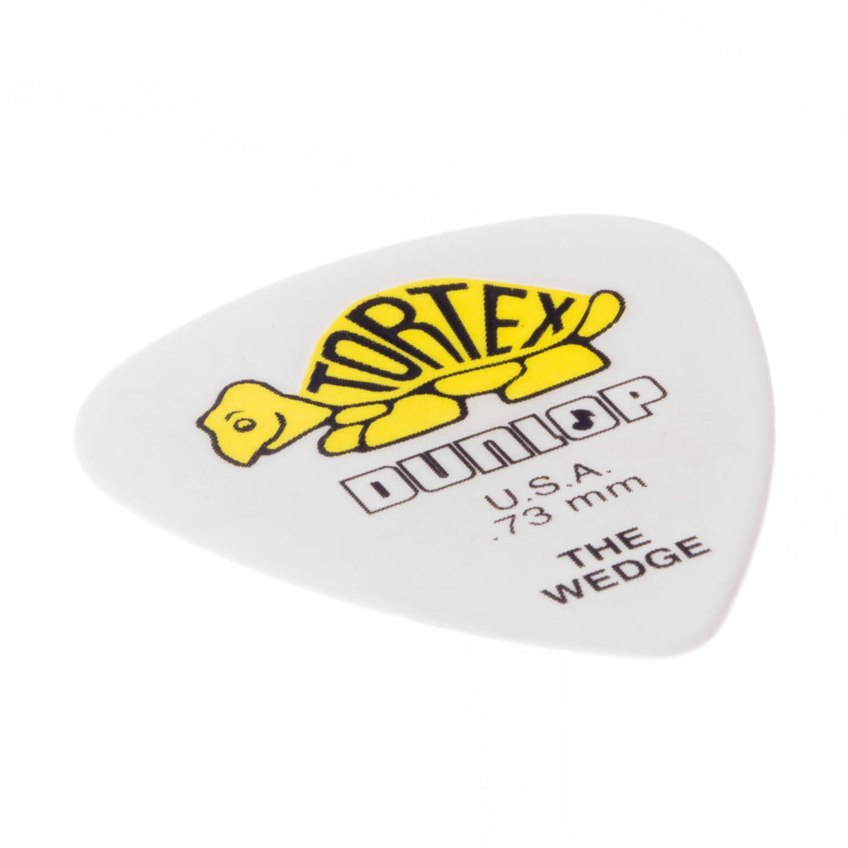 White guitar pick with Dunlop Tortex branding on a white background