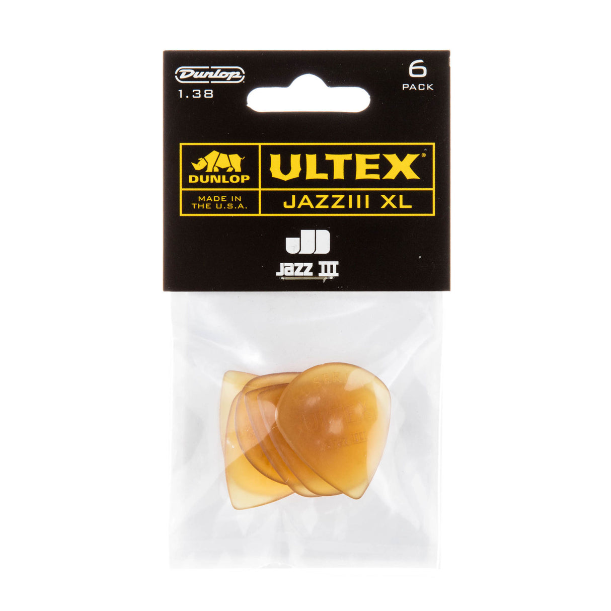Pack of Dunlop Ultex Jazz III XL guitar picks with packaging on a white background