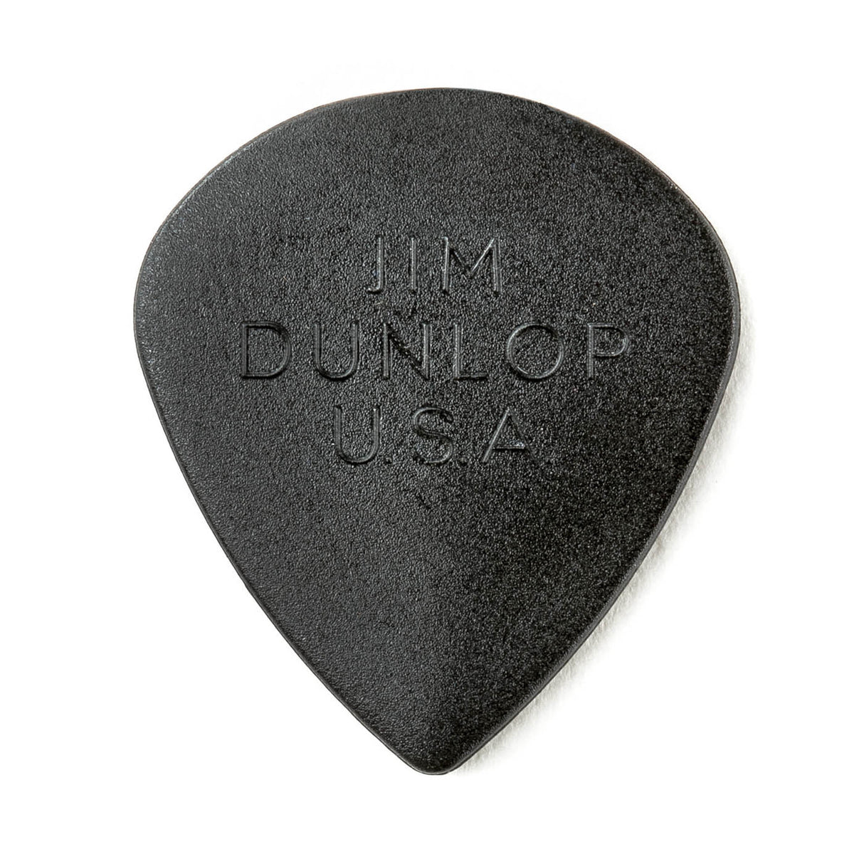 a black guitar pick with Jim Dunlop USA branding on a white background