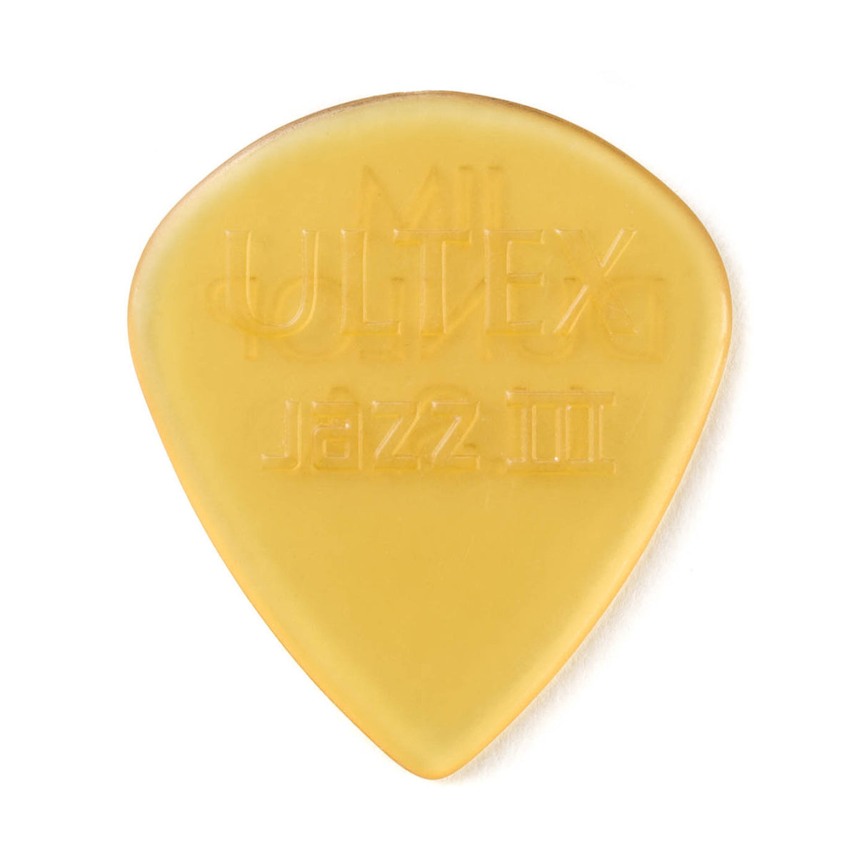 A clear gold colored guitar pick with Ultex Jazz III branding on a white background