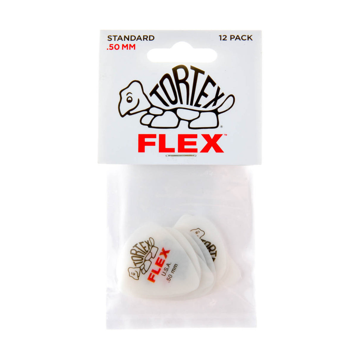 Tortex Flex guitar pick packaging with picks inside on a white background