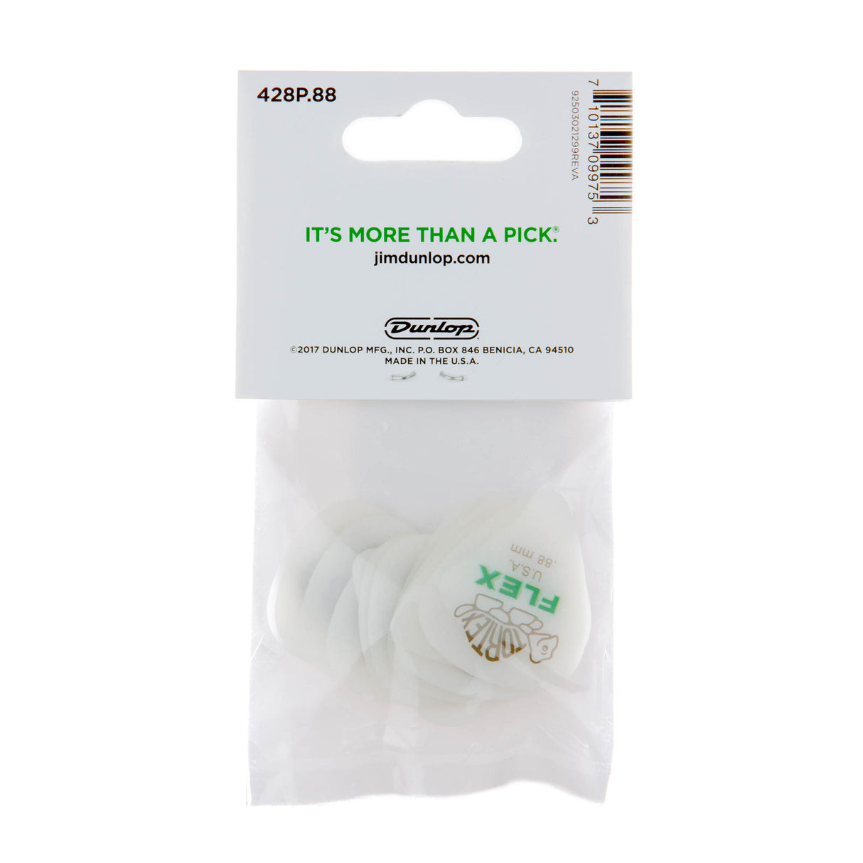 Packaged Dunlop guitar picks with clear plastic cover on white background
