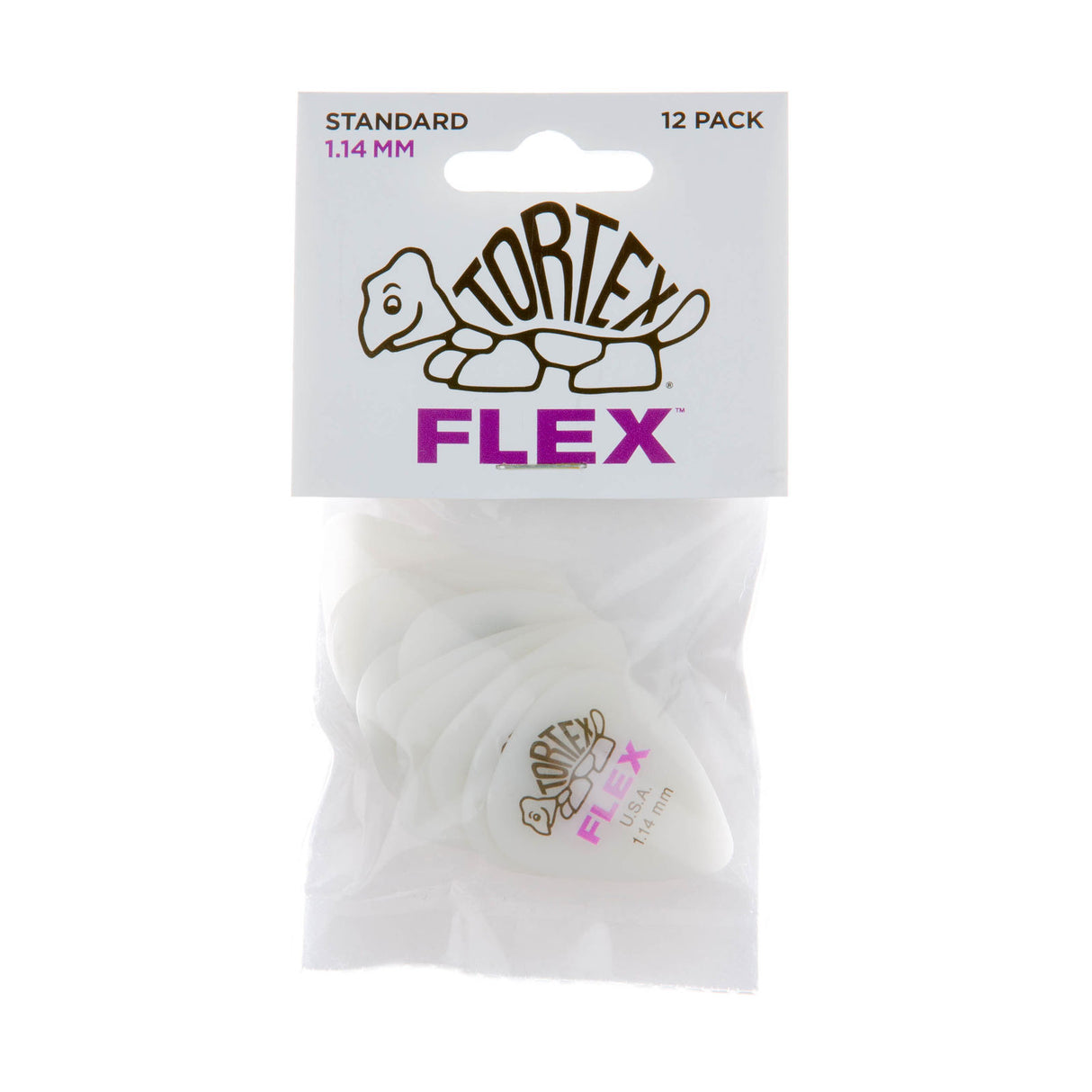 Tortex Flex guitar pick packaging with 12 picks inside on a white background