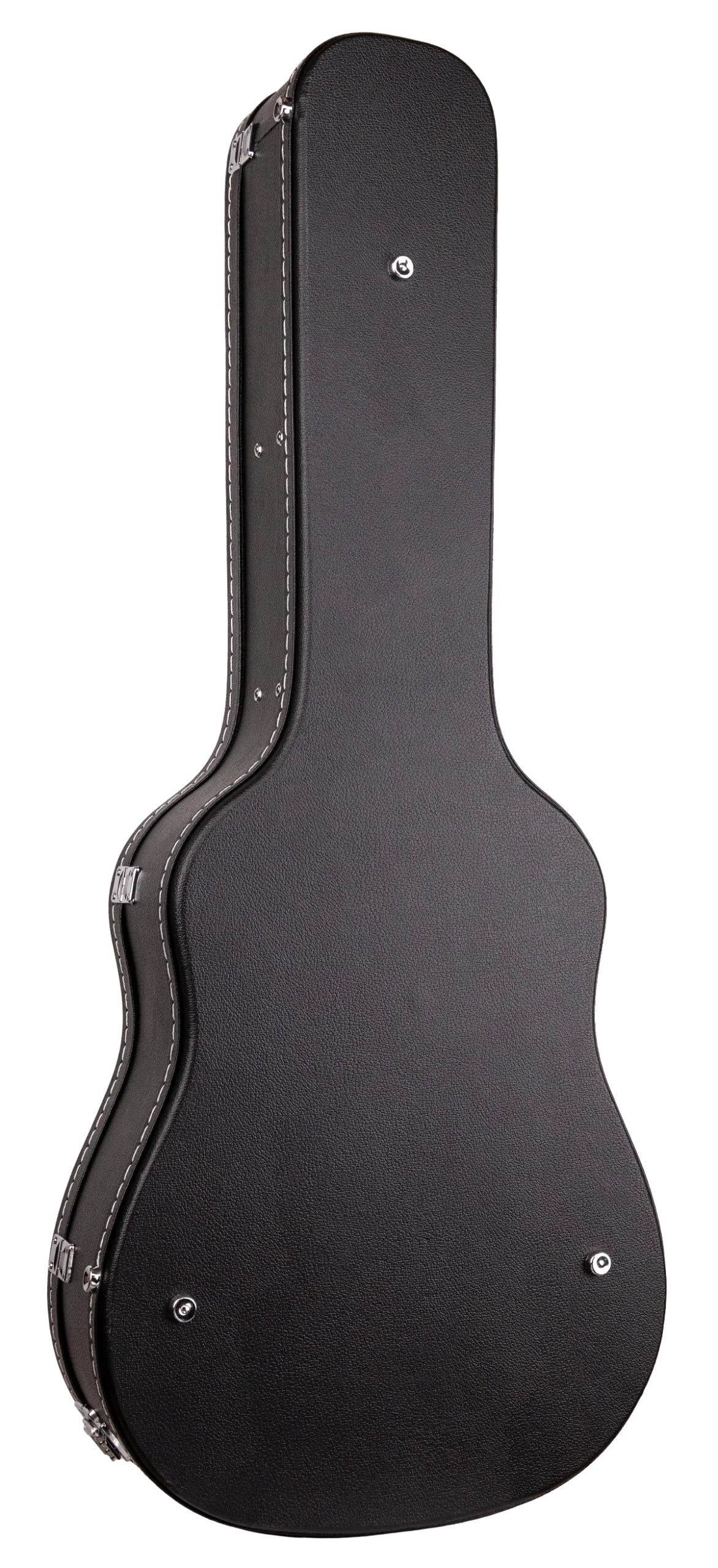 The image shows a black hardshell guitar case with a textured exterior and chrome hardware. It features a classic acoustic guitar shape, multiple latches, reinforced edges, and a side handle. Designed for professional use, the case offers durable, secure protection for transporting and storing guitars.