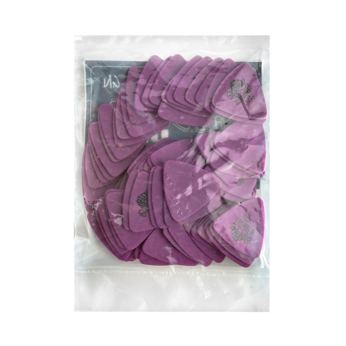 Pack of purple guitar picks with a clear plastic bag on a white background