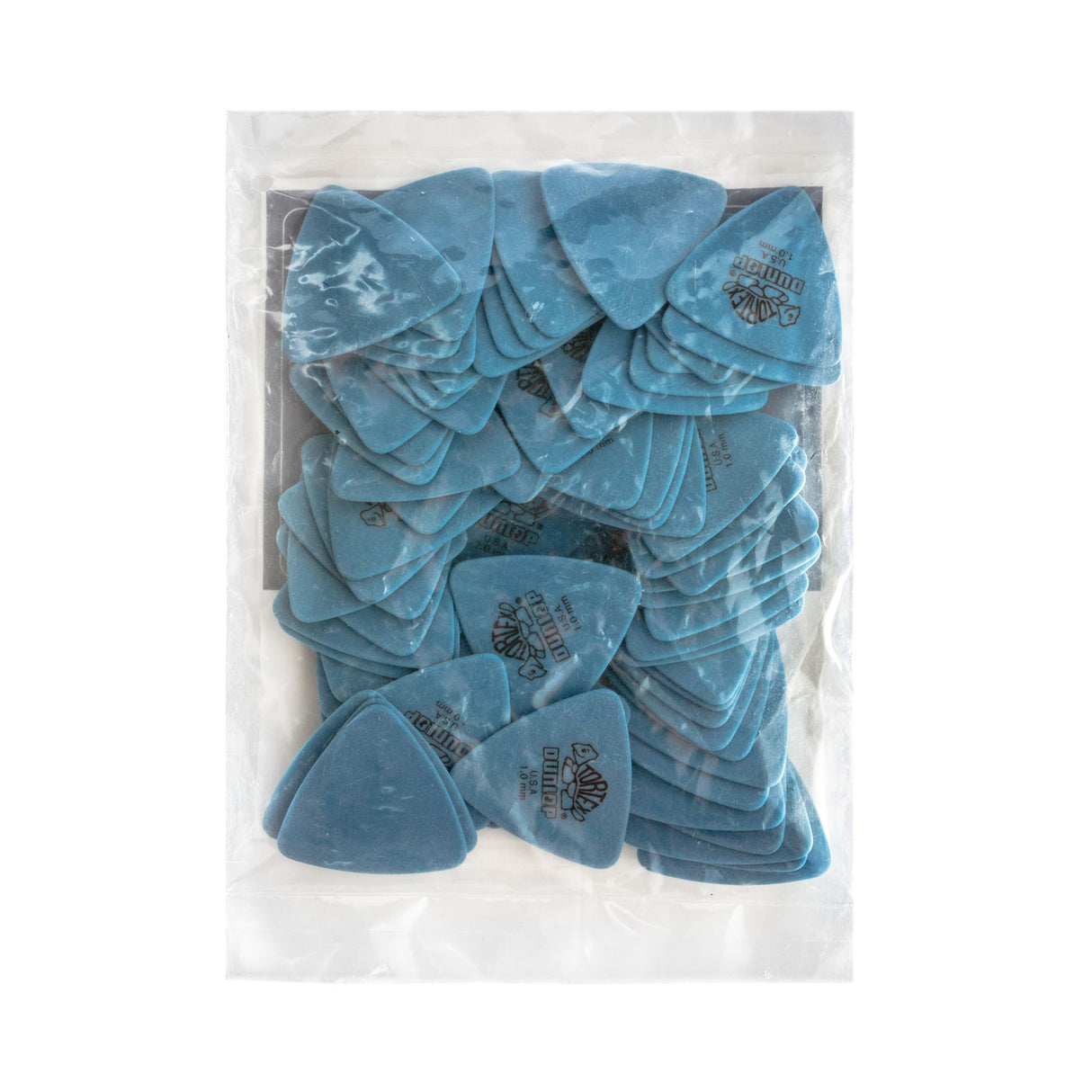 Pack of blue guitar picks with a clear plastic bag on a white background