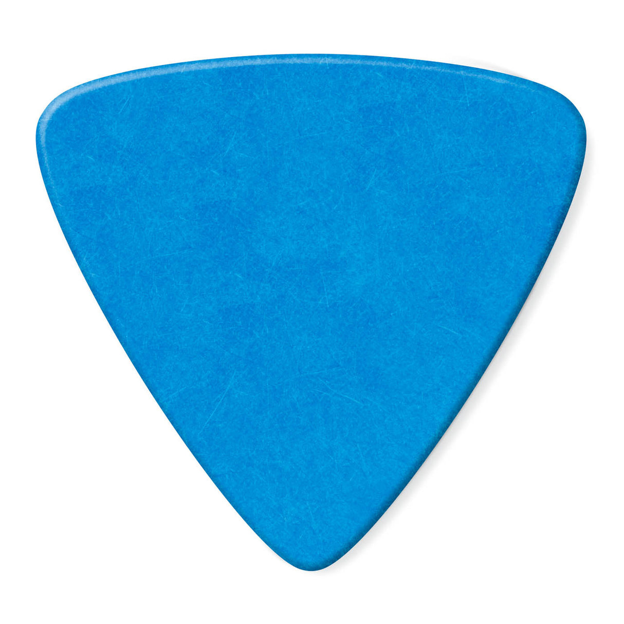 Blue triangular guitar pick on a white background