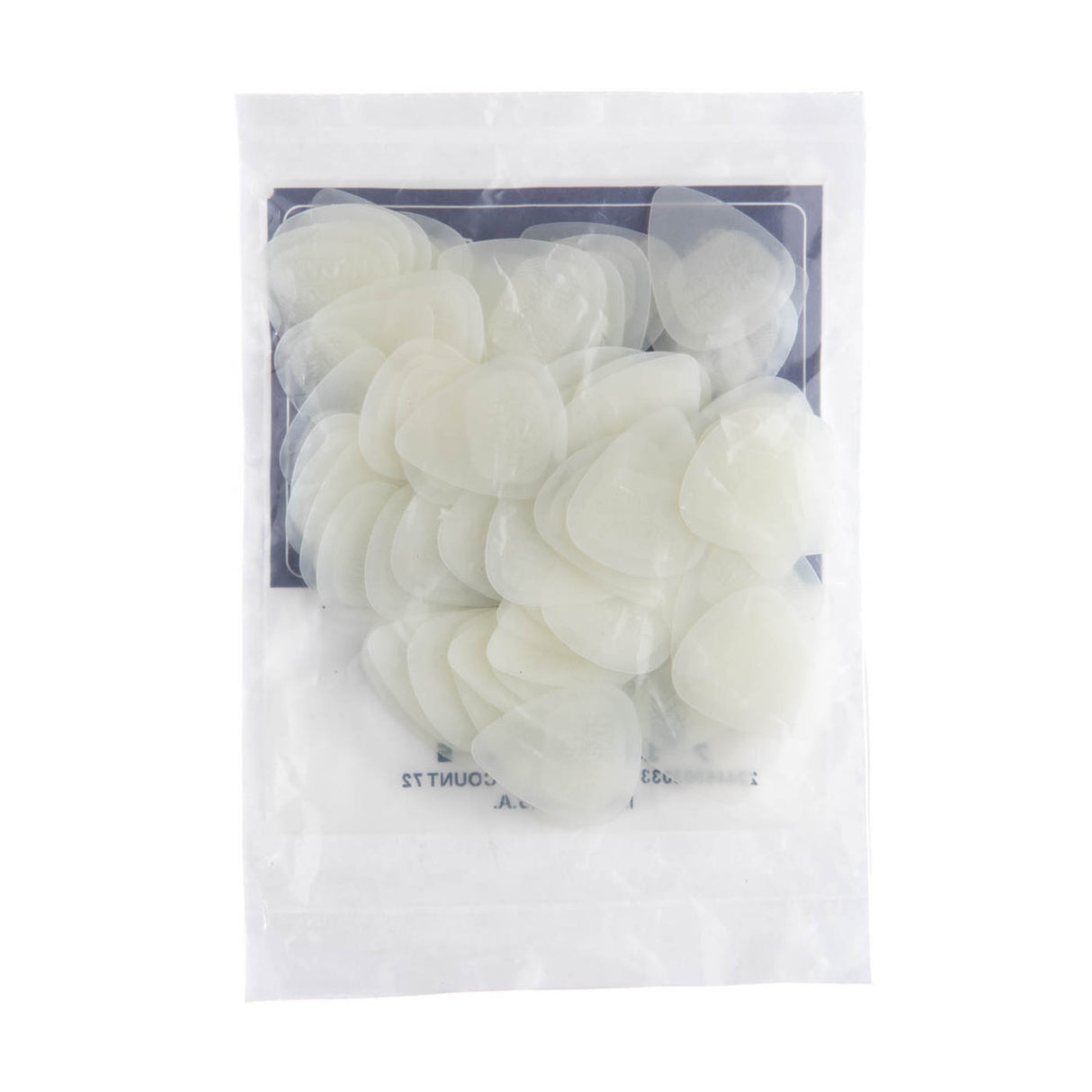 A clear plastic bag filled with guitar picks on a white background