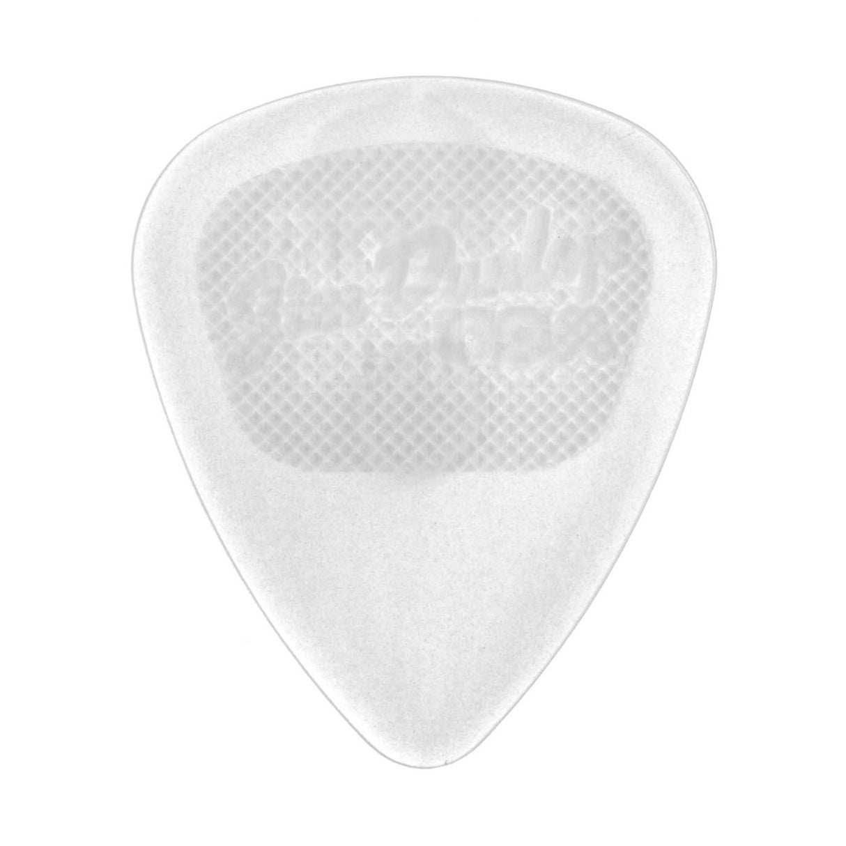 A clear nylon guitar pick on a white background