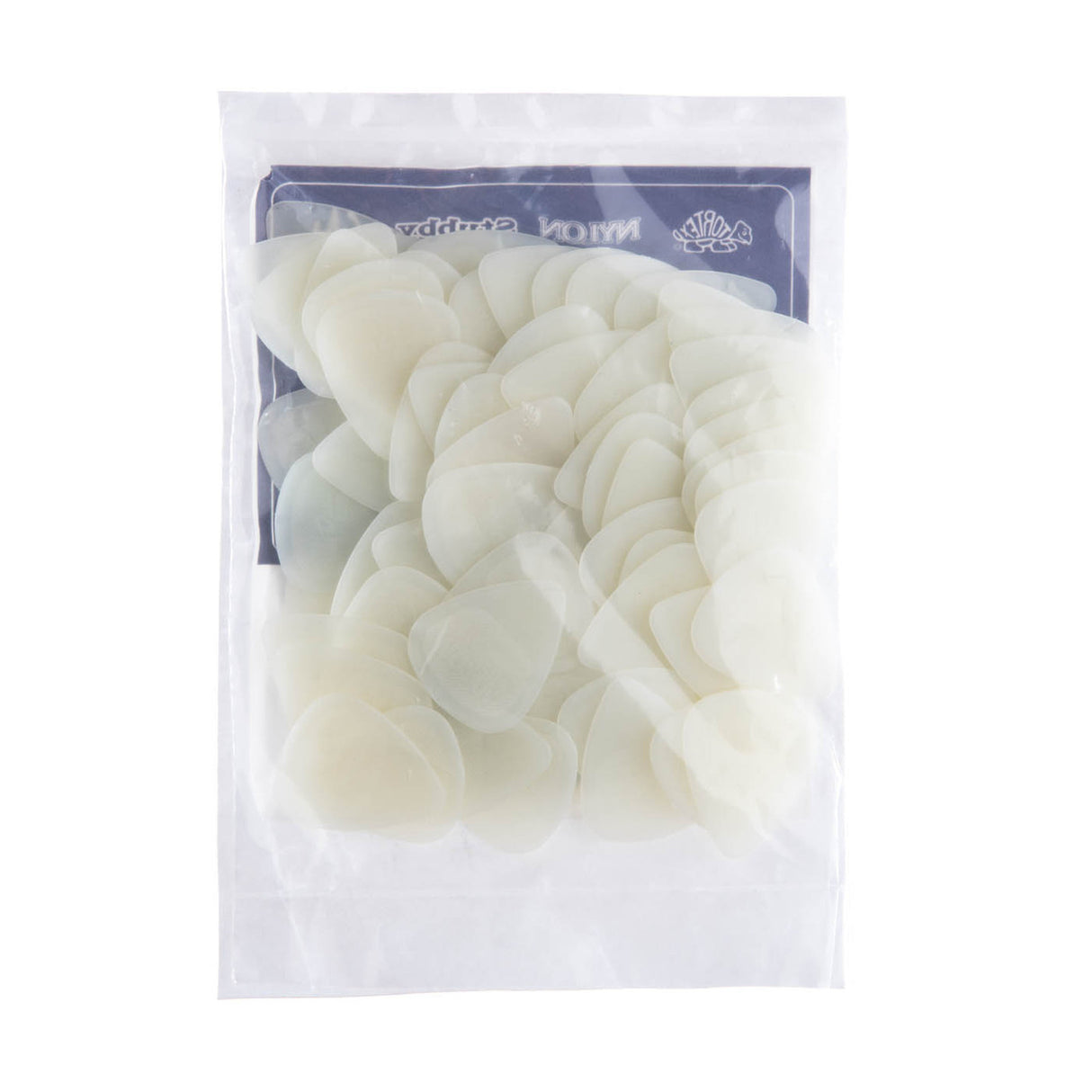 A plastic bag filled with glow in the dark guitar picks from Dunlop