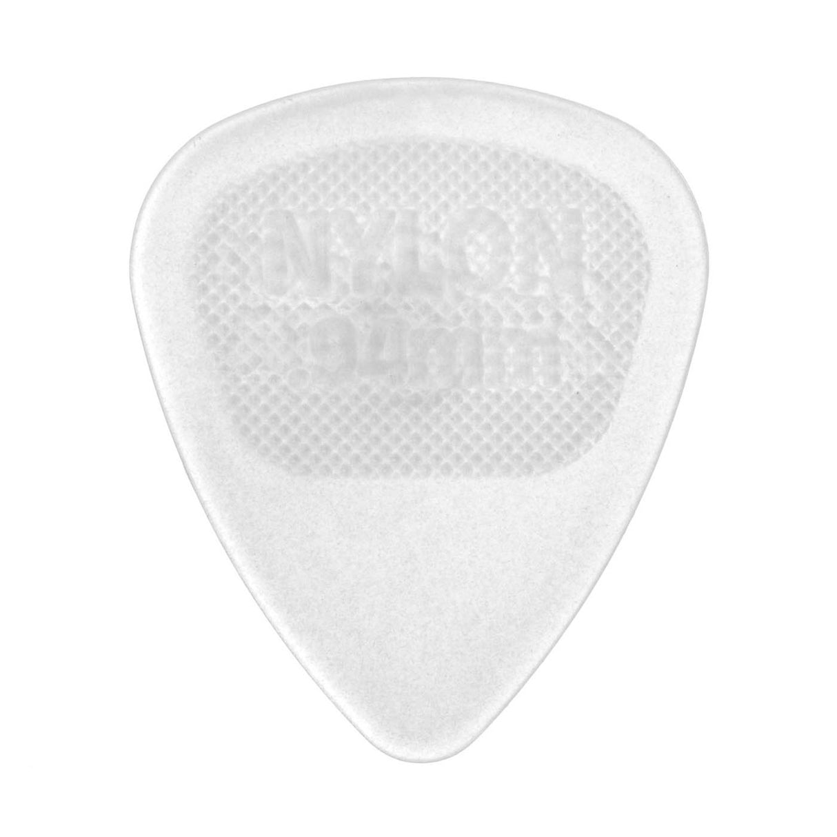 A clear guitar pick on a white background