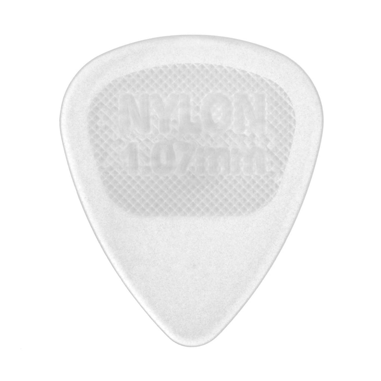 A clear guitar pick with Nylon 1.07mm branding on a white background