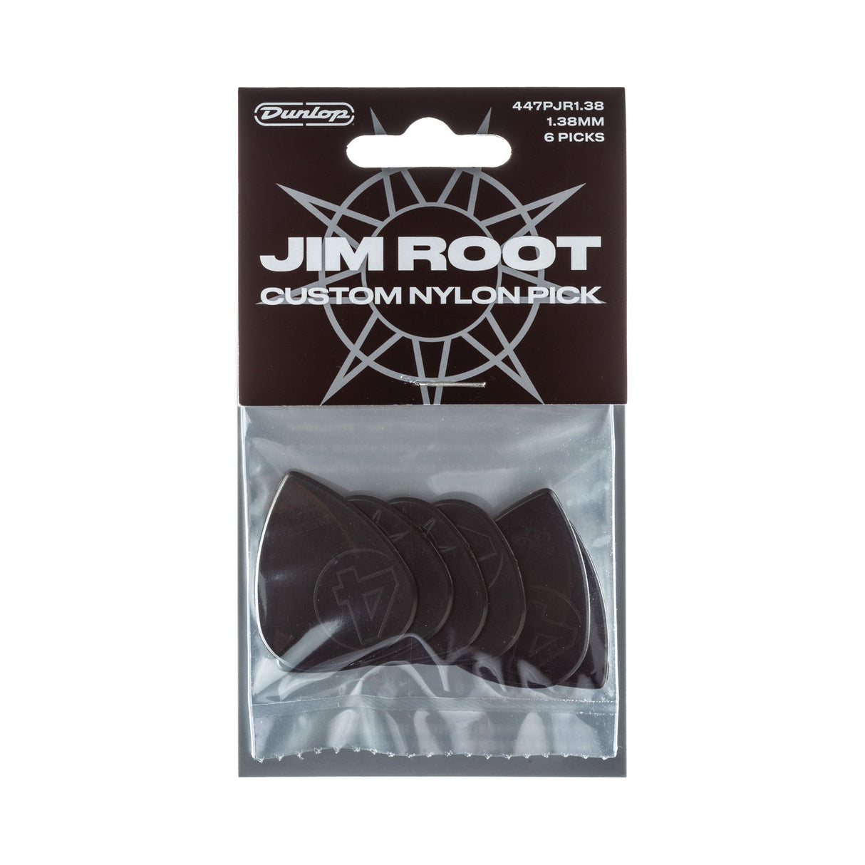 A package of Dunlop Jim Root custom guitar picks with picks visible inside