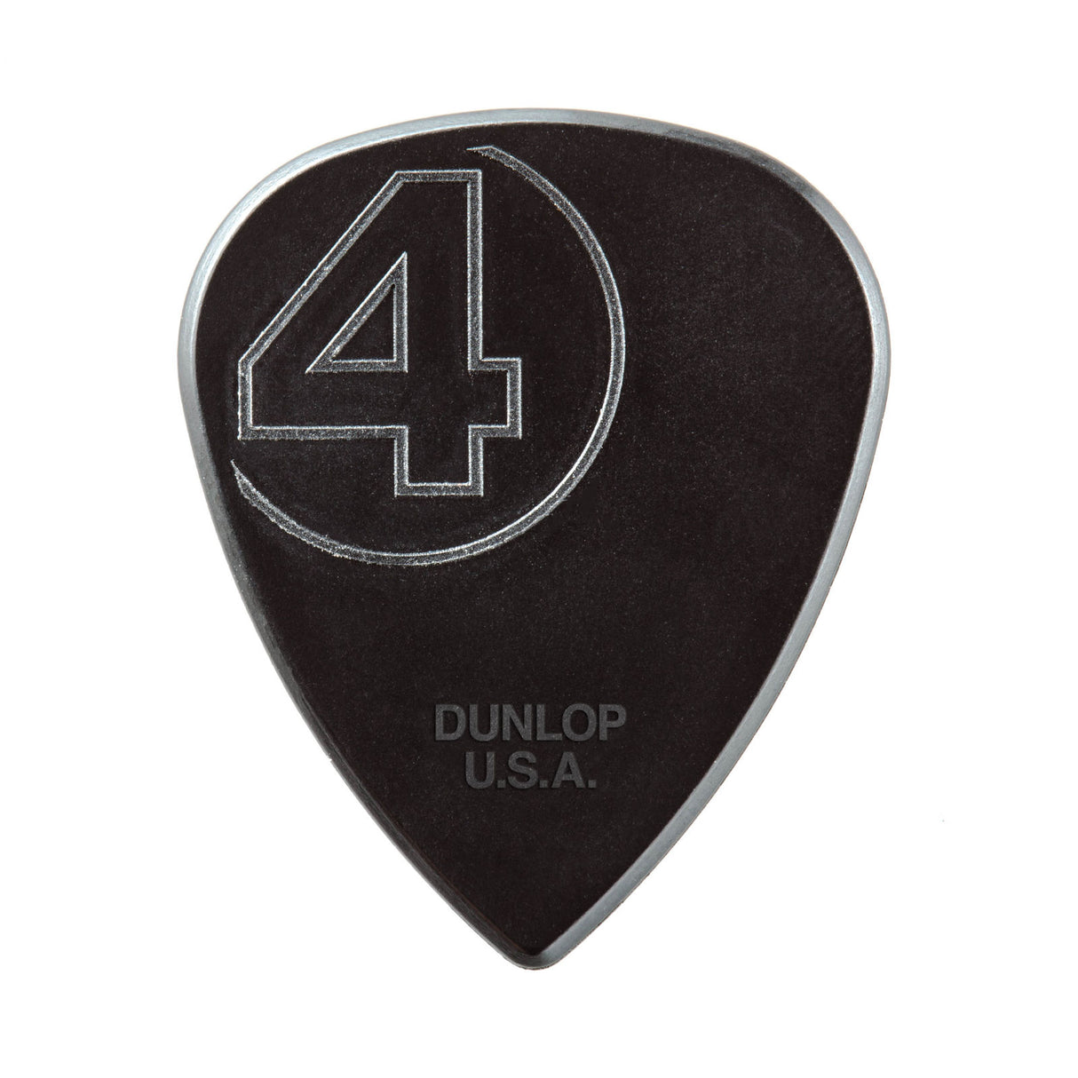 A black Dunlop guitar pick with the number '4' inside a semi-circle design on a white background