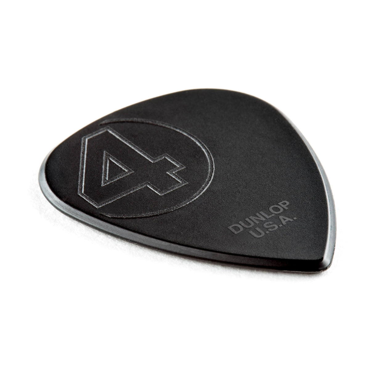 A black Dunlop guitar pick with the number '4' inside a semi-circle design on a white background