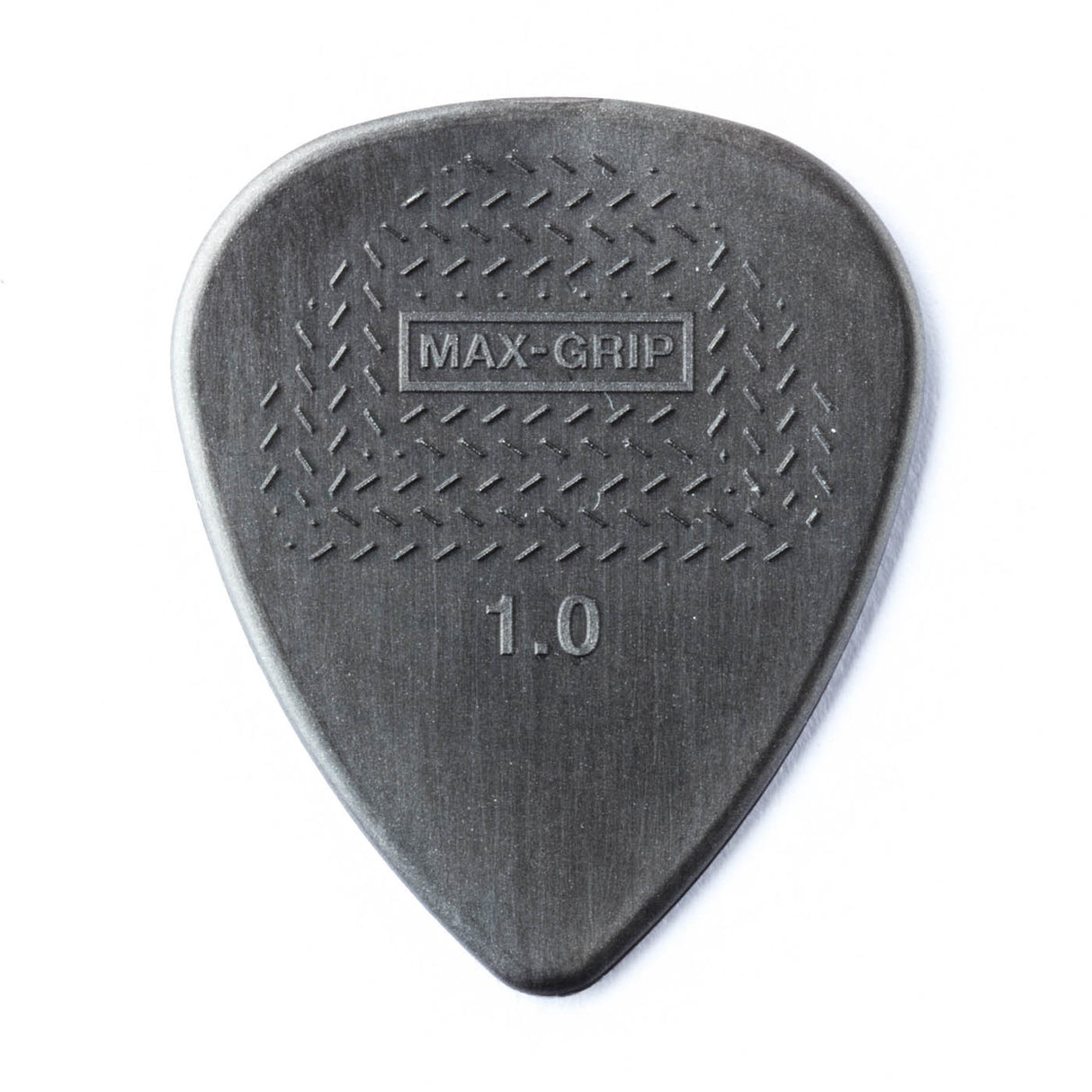 A gray guitar pick with Max-Grip and 1.0 branding - on a white background