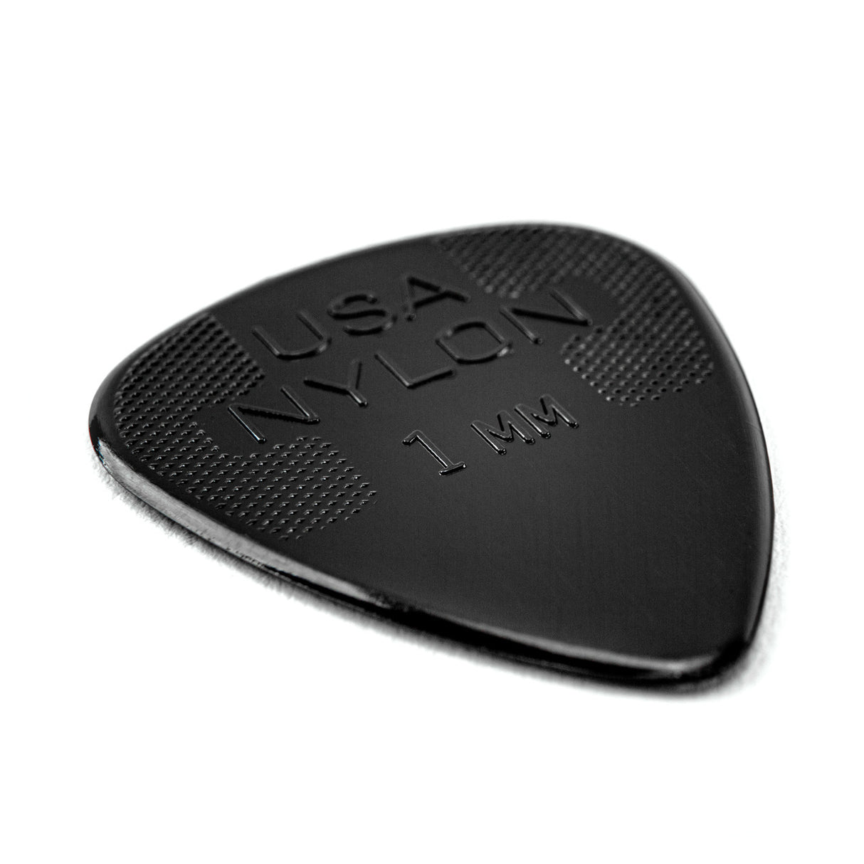 Black guitar pick with 'USA Nylon 1 MM' text on a white background