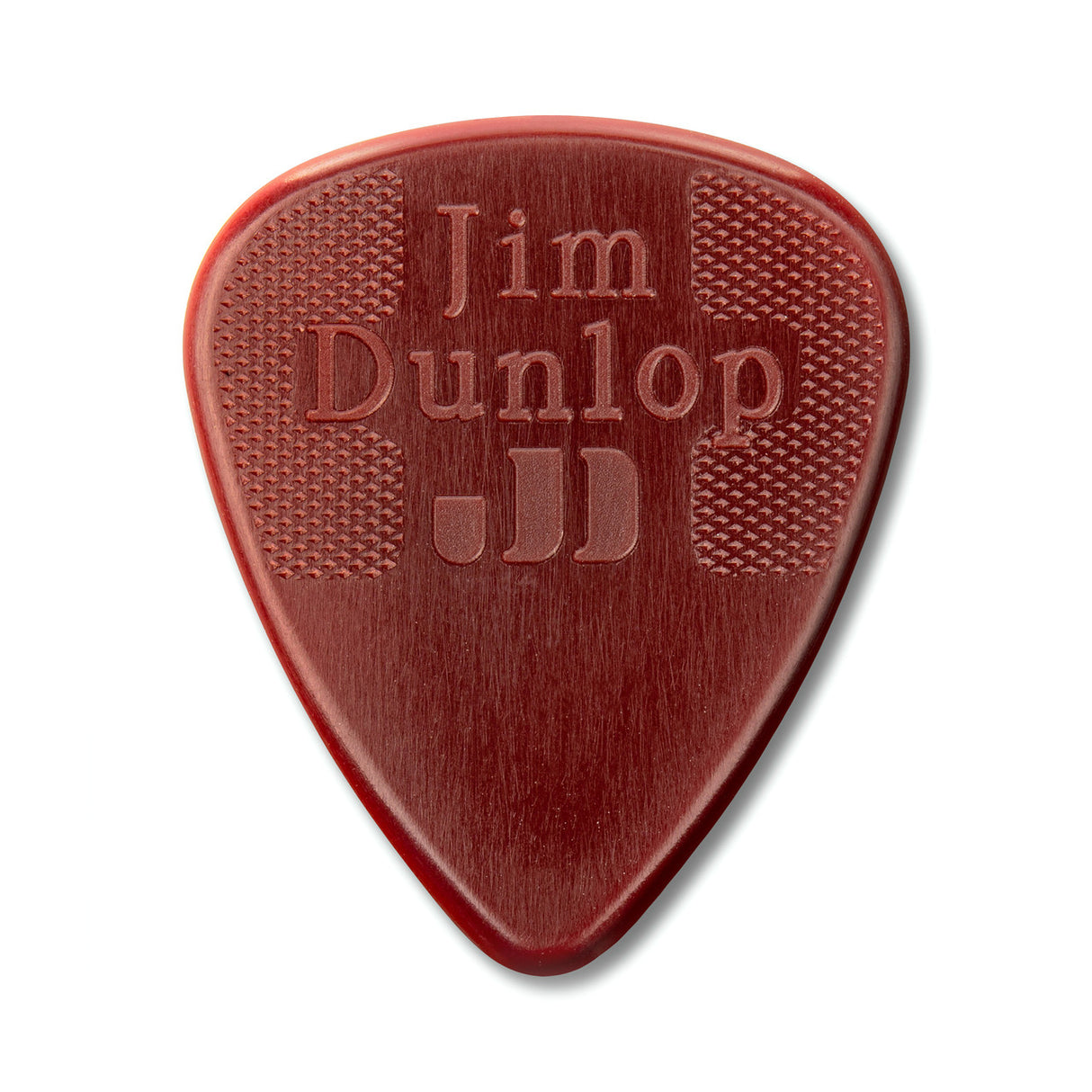 Red guitar pick with 'Jim Dunlop' branding on a white background