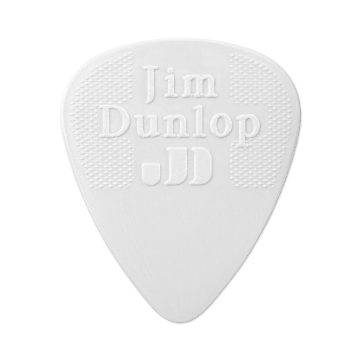 White guitar pick with 'Jim Dunlop' branding on a white background