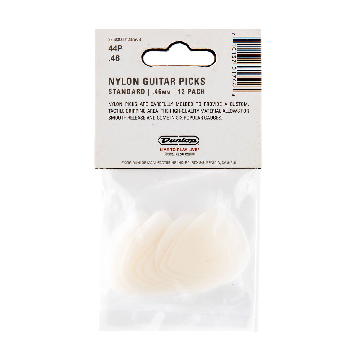 Pack of Dunlop nylon guitar picks with a clear plastic window and picks inside