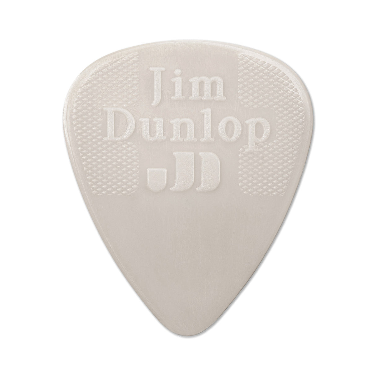 White guitar pick with 'Jim Dunlop' branding on a white background