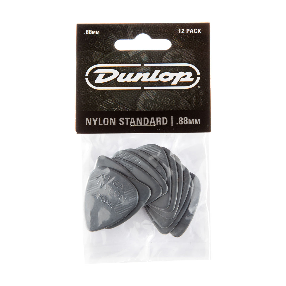 Dunlop guitar picks packaging with gray picks inside on a white background