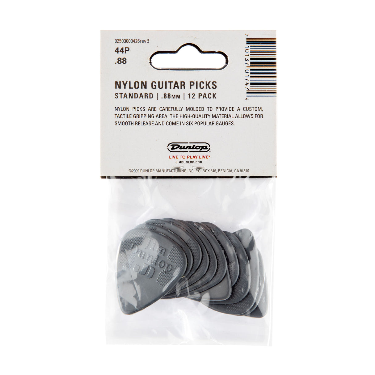 Pack of Dunlop nylon guitar picks with packaging on a white background