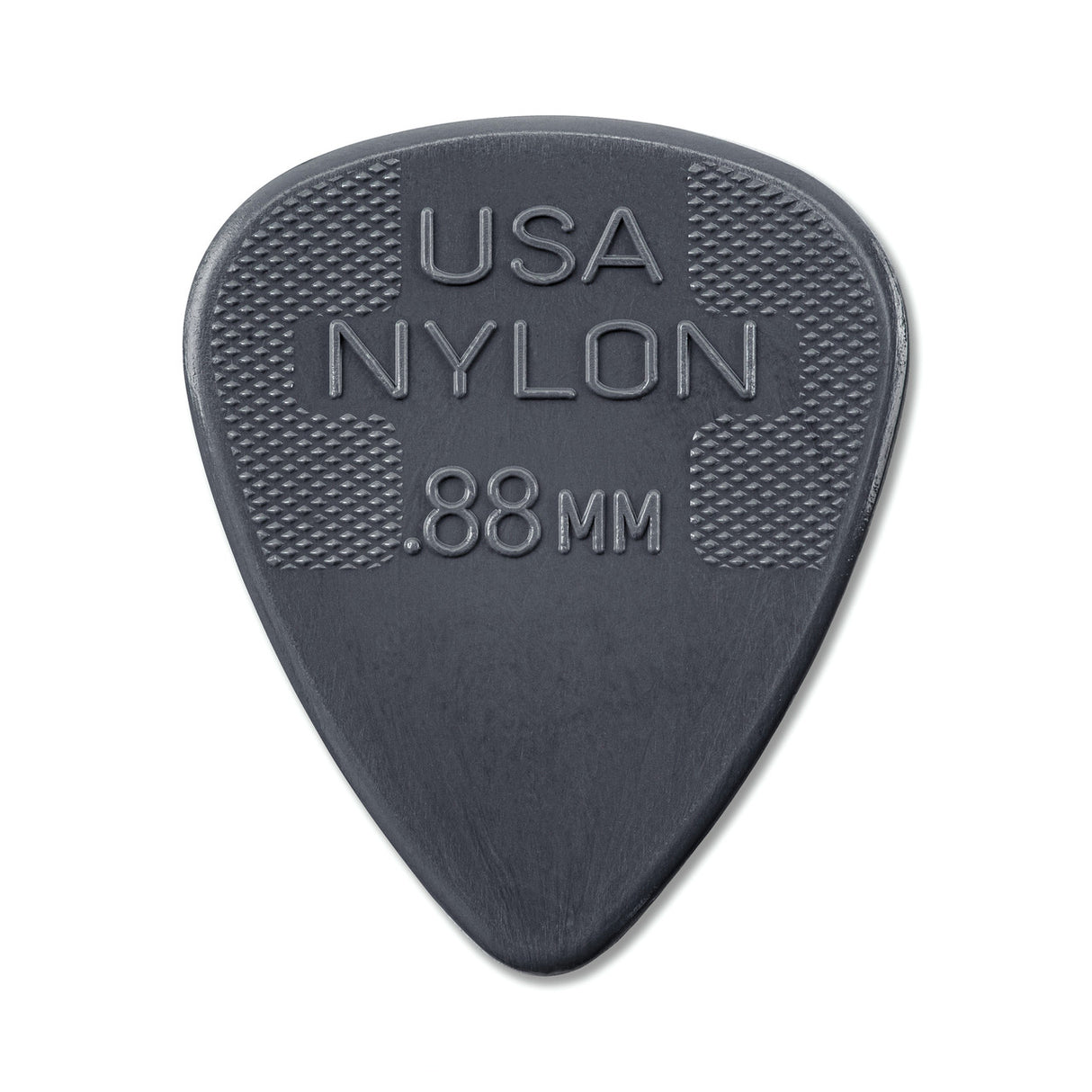 Gray guitar pick with 'USA NYLON .88 MM' text on a white background