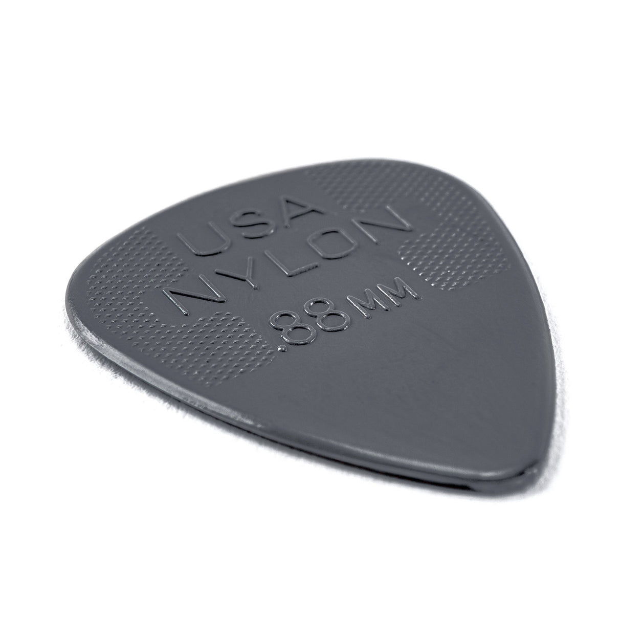 Gray guitar pick with 'USA Nylon 0.88 MM' text on a white background