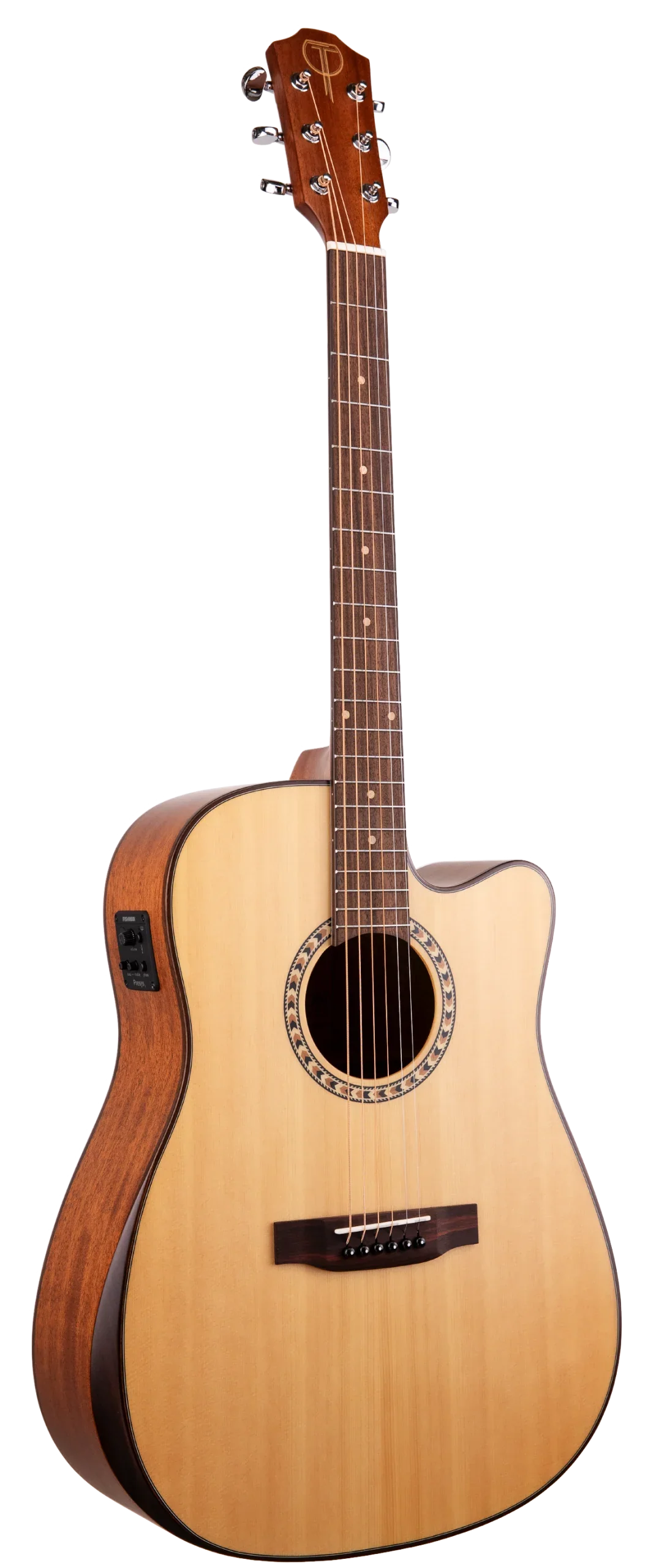 The image shows an acoustic-electric cutaway guitar with a light-colored spruce top, darker mahogany back and sides, and a dark rosewood fretboard. It features chrome tuning pegs, a traditional bridge, and a decorative rosette around the soundhole. A pickup/preamp system is visible on the side for amplification. The headstock has a logo, and dark binding accents the body edges, making it suitable for both acoustic and amplified performances.