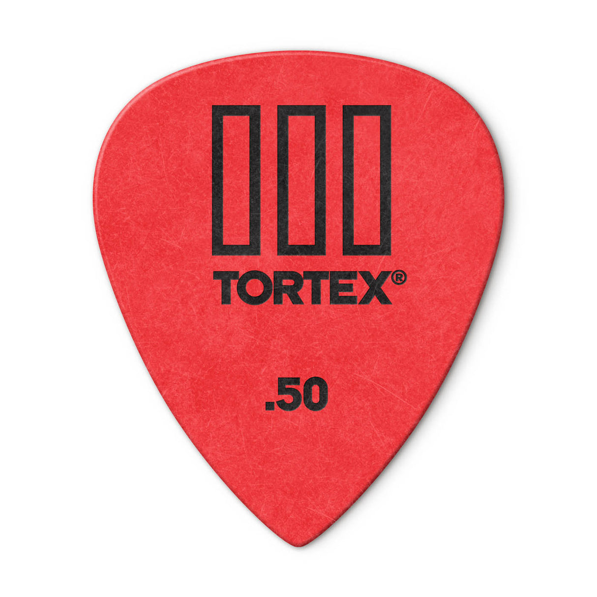 Red guitar pick with Tortex branding on a white background
