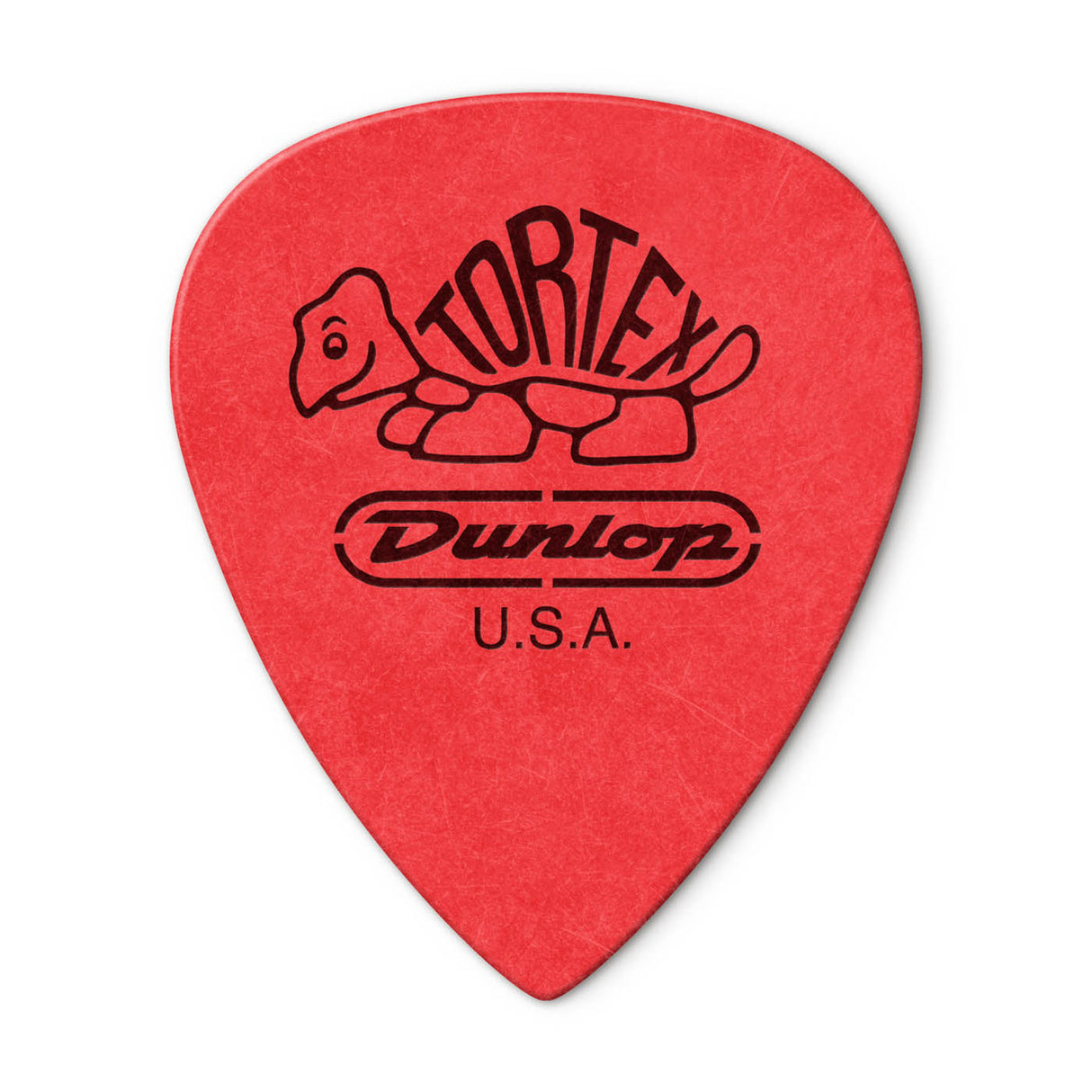 Red guitar pick with Dunlop Tortex logo on a white background