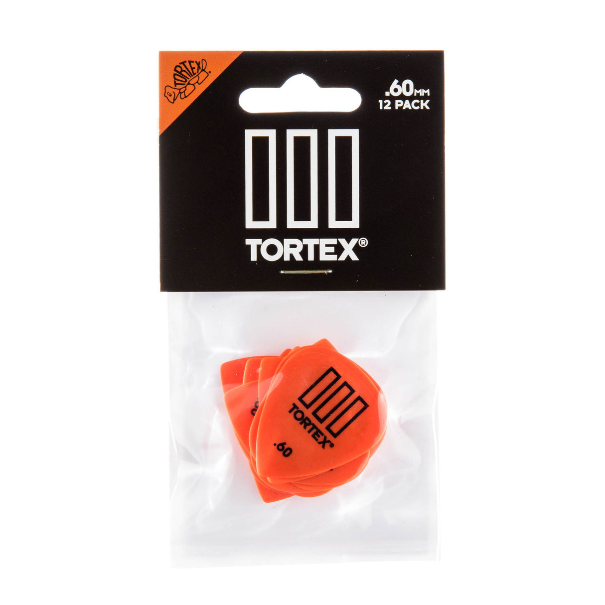 Pack of Orange Tortex guitar picks with a clear window on a white background