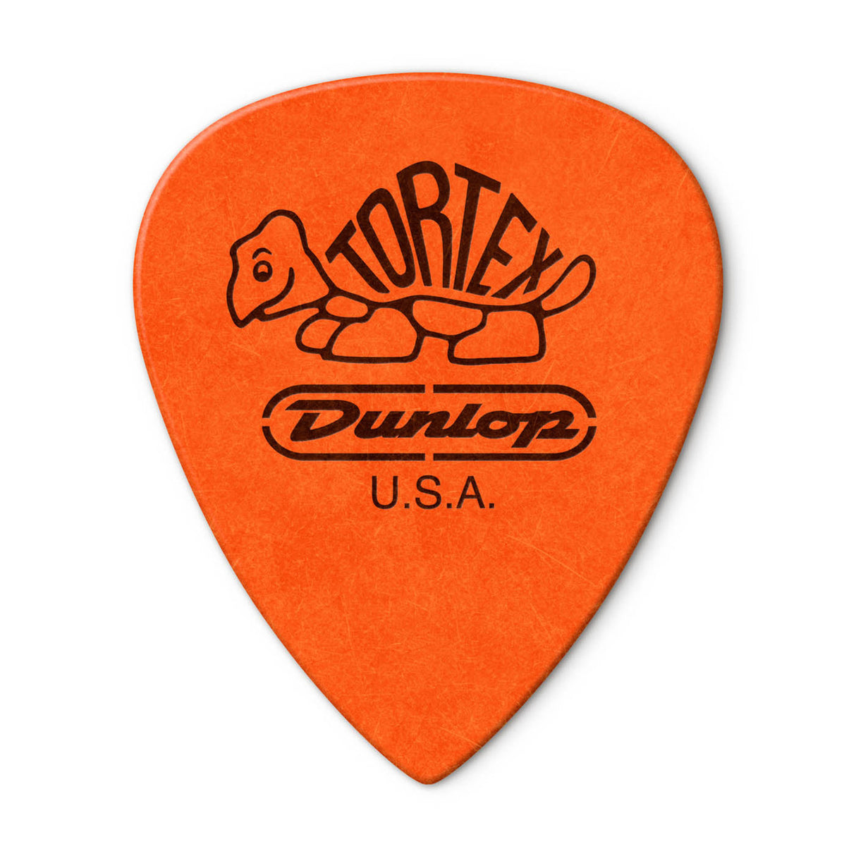 Orange guitar pick with Dunlop branding on a white background
