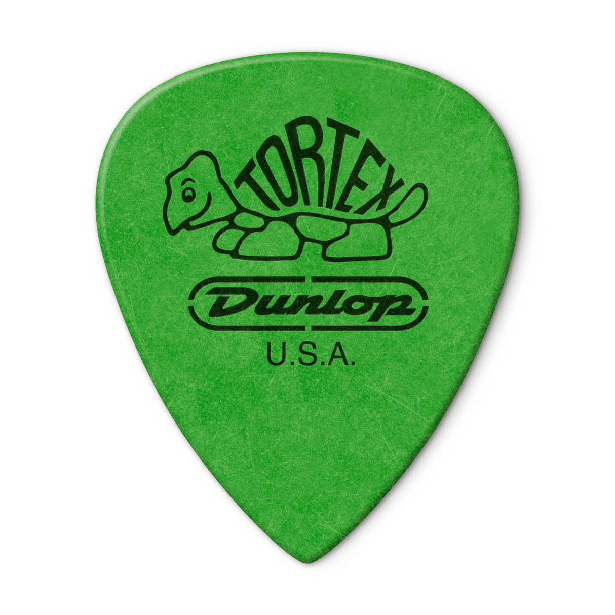 Green guitar pick with Dunlop Tortex logo on a white background