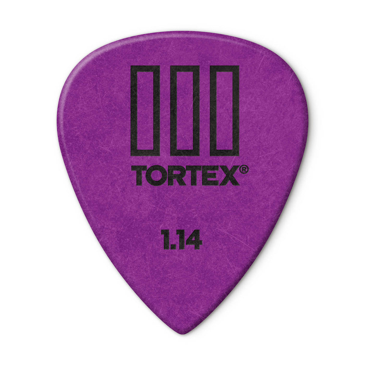 Purple guitar pick with Tortex branding on a white background