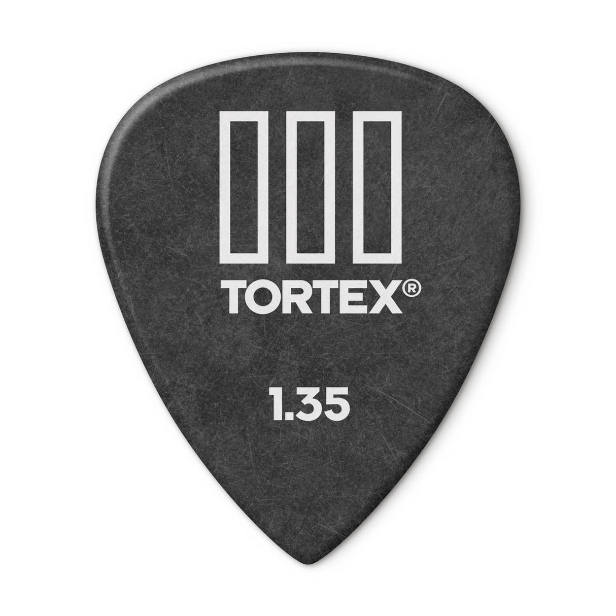 Black guitar pick with Tortex branding and size 1.35 on a white background