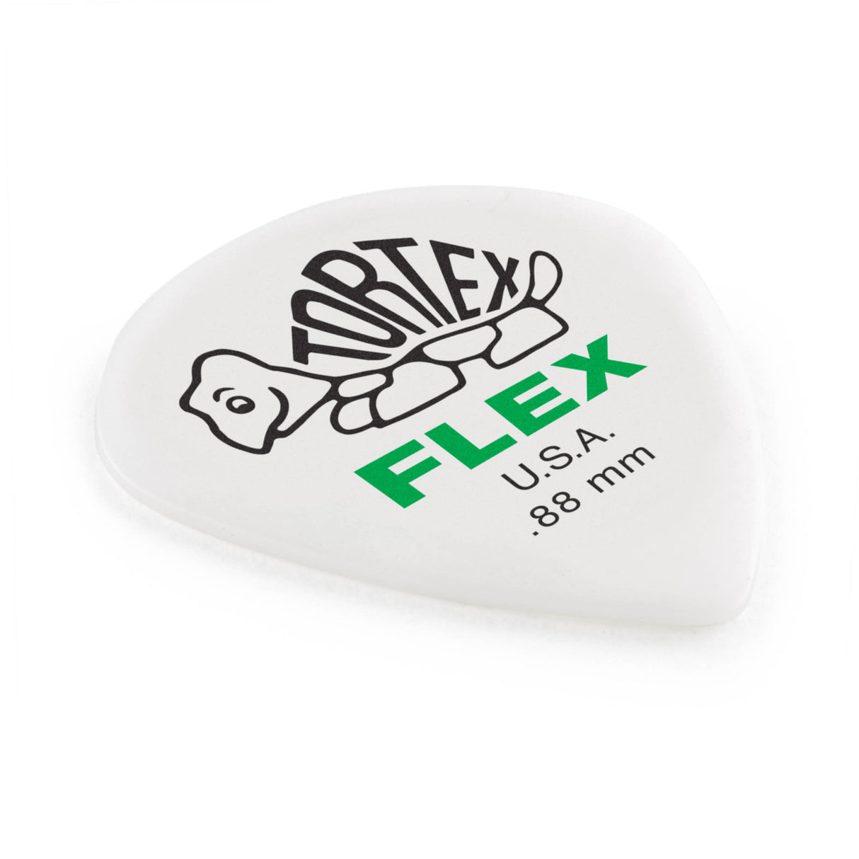 White guitar pick with Tortex Flex branding on a white background