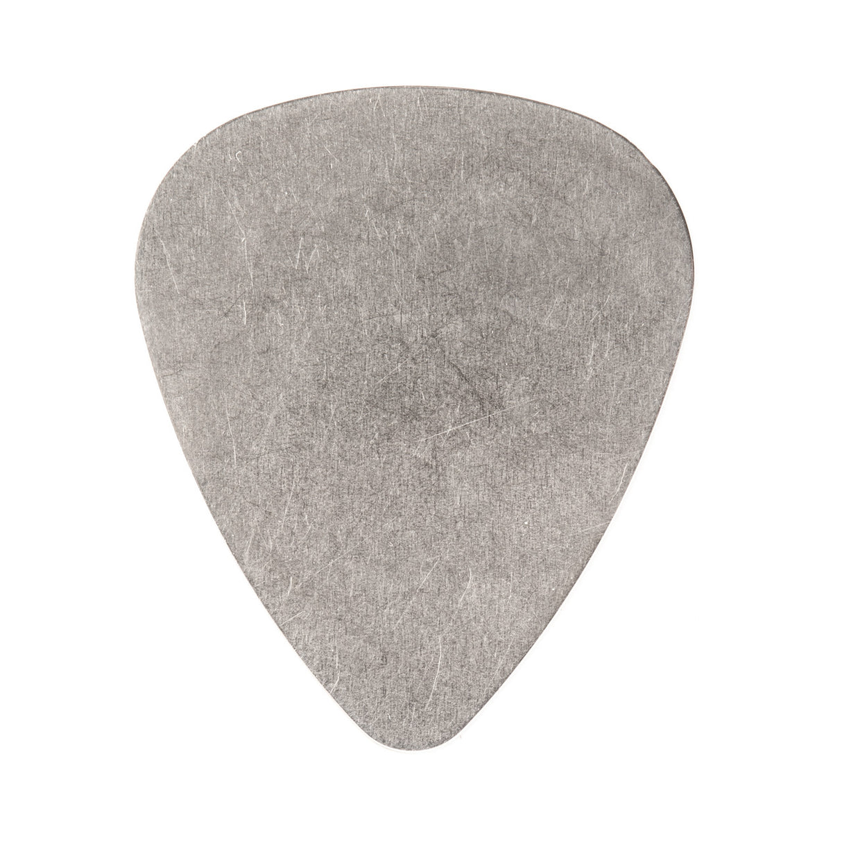A stainless steel guitar pick on a white background