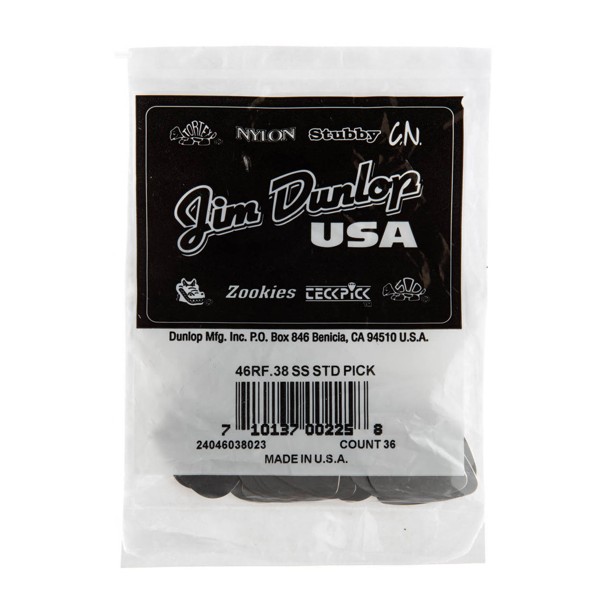 A bag of Dunlop branded guitar picks on a white background