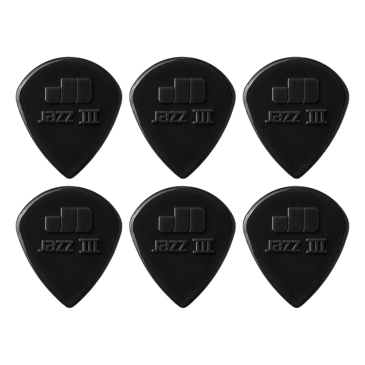 Set of six black guitar picks with 'Jazz III' branding on a white background