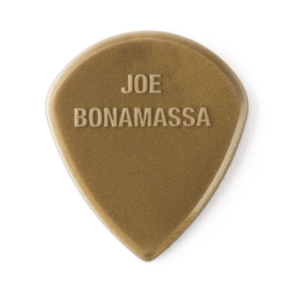 Brown guitar pick with 'Joe Bonamassa' engraving on a white background